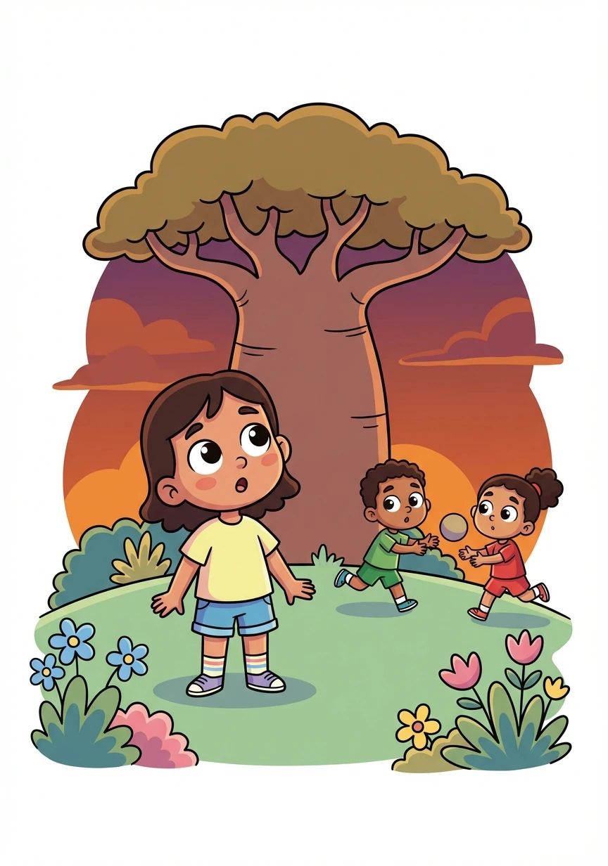One evening, while playing with neighborhood kids Jaffa and Maya, Fatima suddenly stopped. She stared at a nearby baobab tree, her eyes wide.