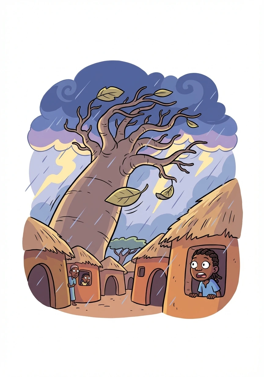 As the storm raged, the baobab tree swayed violently, but the village, thanks to Fatima's warning, was prepared and weathered the storm with minimal damage.