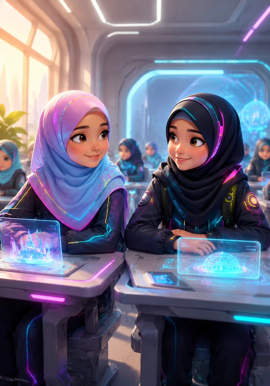 On a bright morning, Maya sits down next to Chloe in their new classroom with a warm smile. Maya wears a beautiful pastel hijab that frames her kind face, and Chloe instantly feels drawn to her welcoming presence.