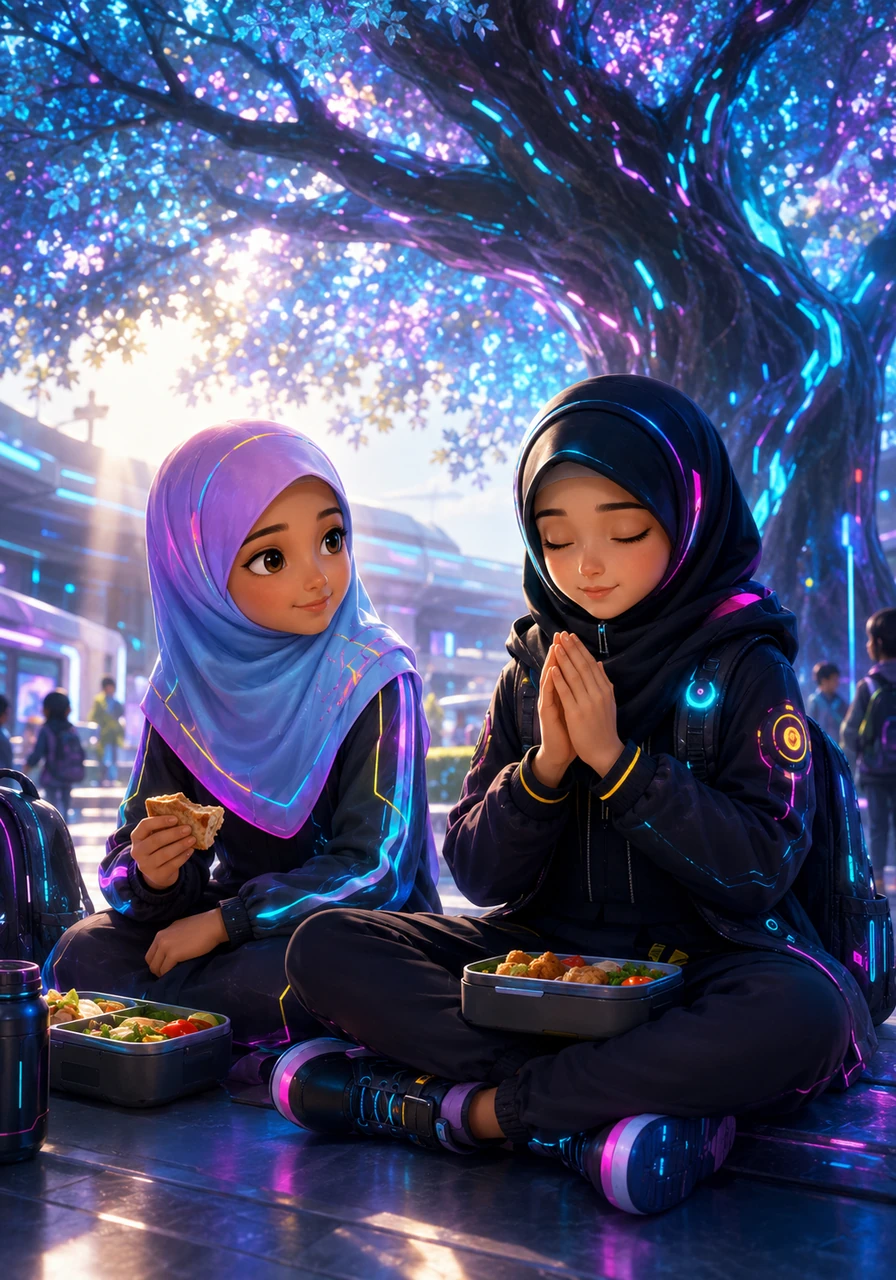 During recess, the two girls sit beneath a large oak tree, sharing their lunches and laughing under the dappled sunlight. Chloe notices Maya saying a short, silent prayer before eating, which sparks a gentle curiosity in her heart.