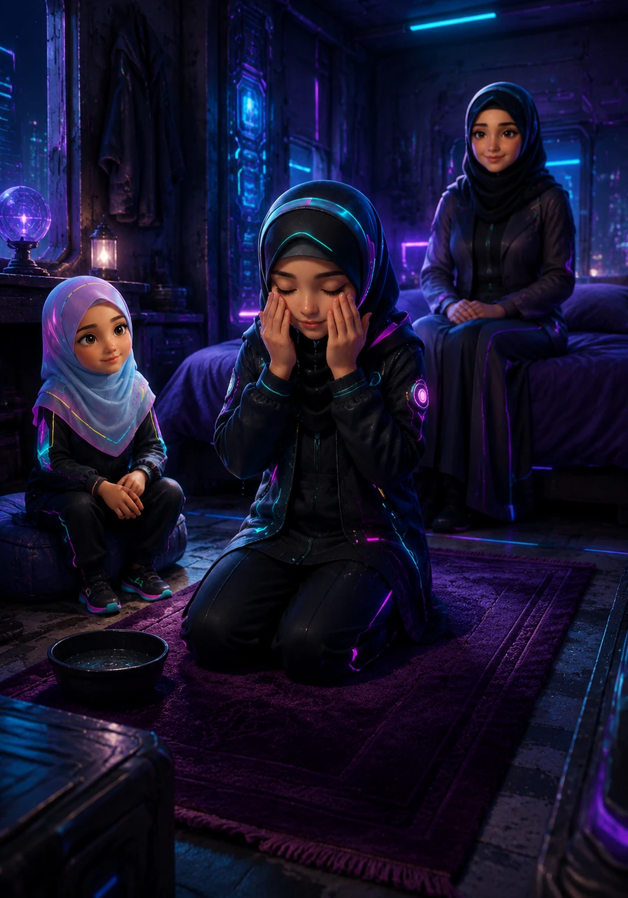 Chloe watches with quiet fascination as Maya prepares for prayer, washing her hands and face with mindful tranquility. When Maya steps onto her soft velvet prayer rug, a profound sense of peace and stillness fills the bedroom.