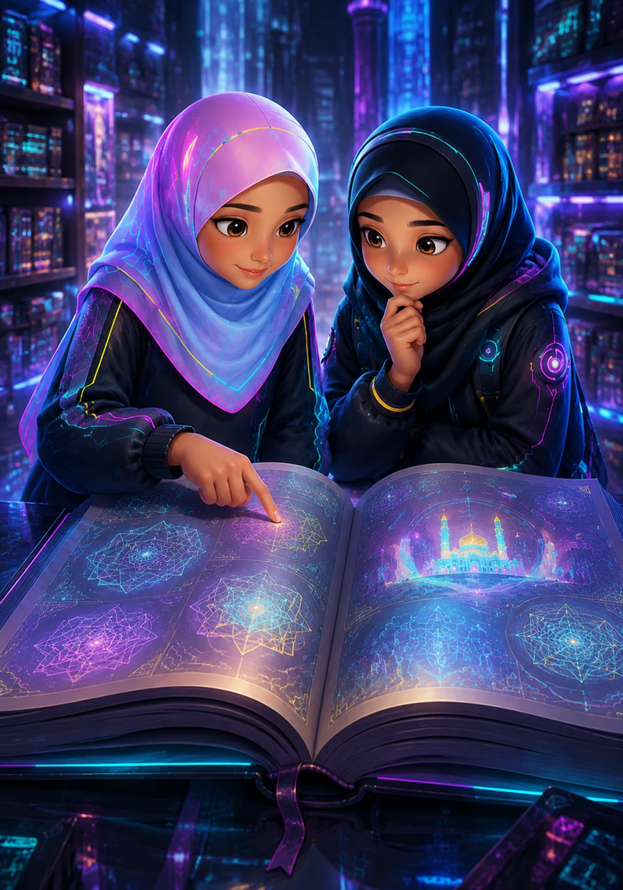 At the library, the two friends lean over a large book filled with intricate geometric patterns and stories of compassion. Maya patiently answers Chloe's questions about her faith, explaining how her love for God guides her to be kind to everyone.