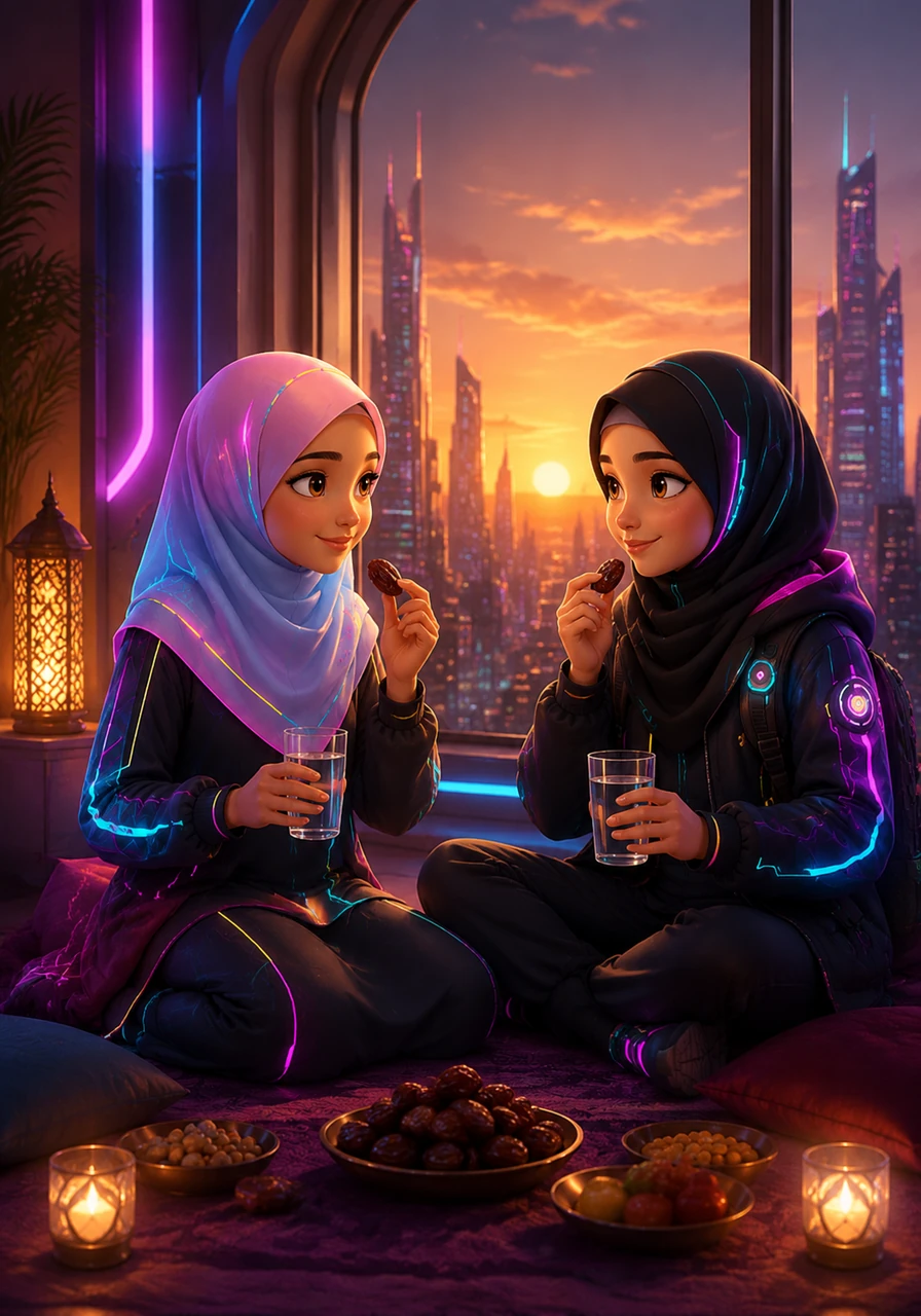 As the holy month of Ramadan begins, Chloe decides to fast for a day alongside Maya to experience her friend's sacred traditions. Together, they break their fast at sunset with sweet dates and cool water, sharing a deep, unspoken bond of spiritual connection.