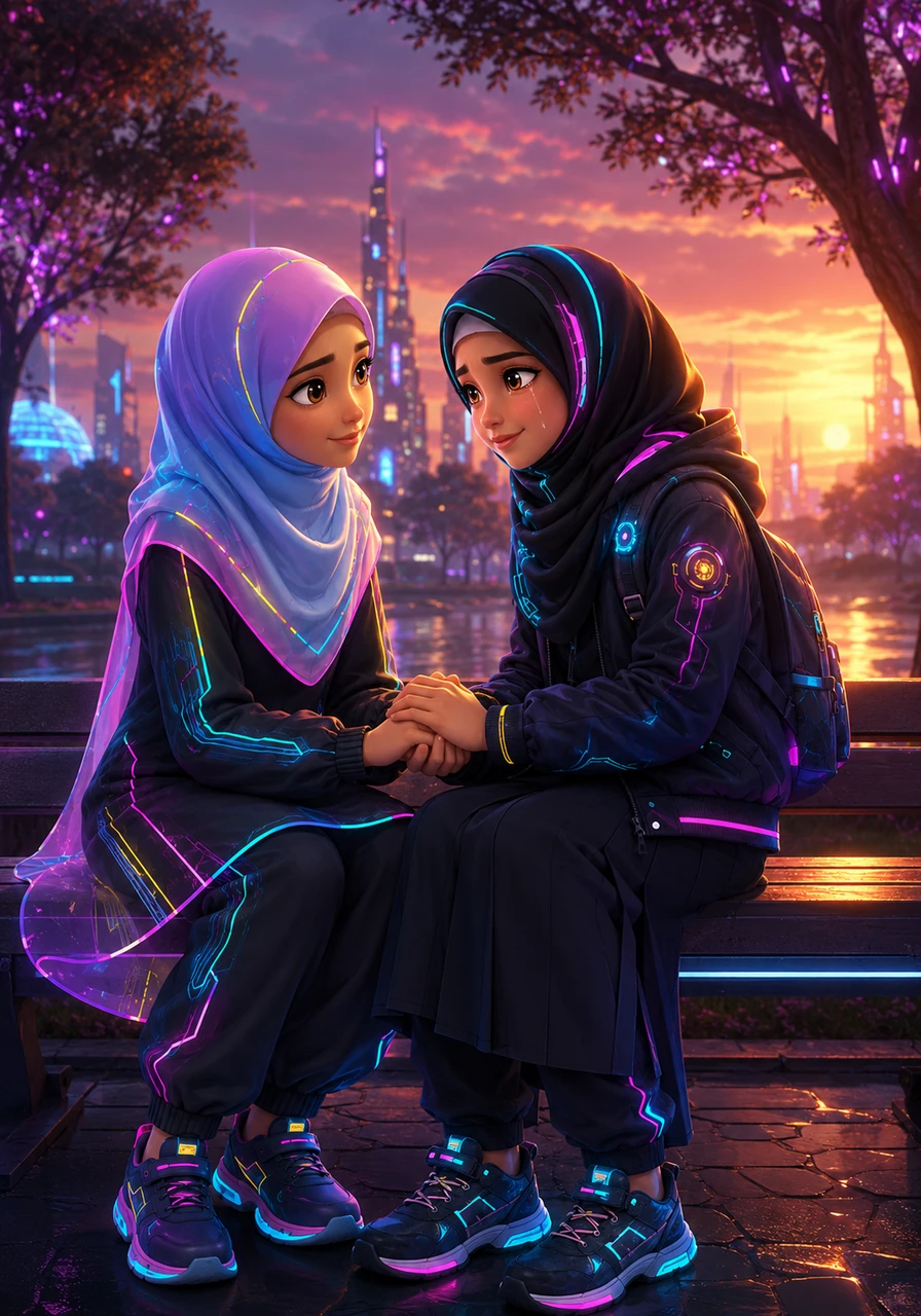 Sitting together in a quiet park as the sun dips below the horizon, Chloe confesses that she has felt a deep tug in her heart toward Islam. Maya listens with tears of joy in her eyes, holding Chloe's hands tightly as the evening breeze rustles the leaves.
