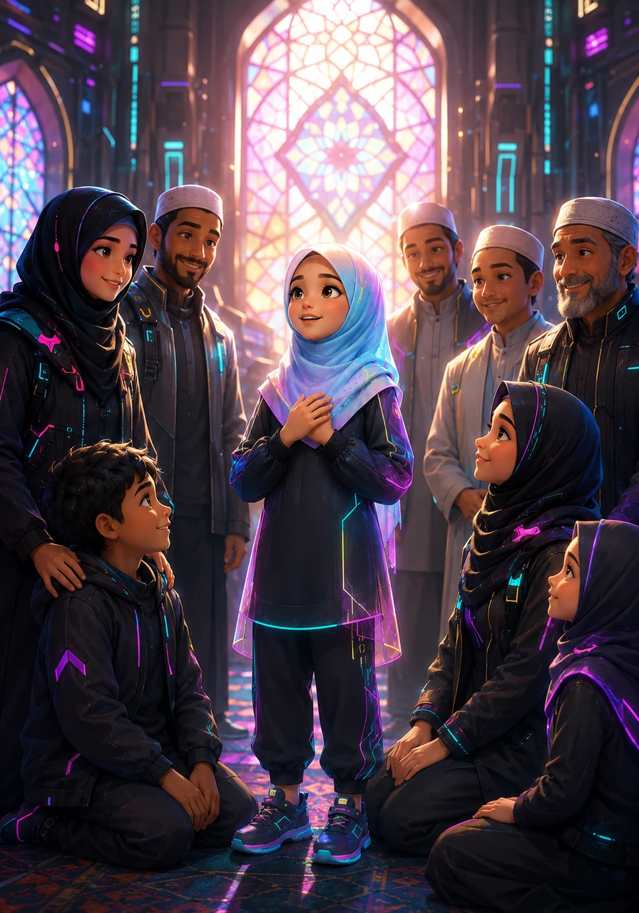 Surrounded by Maya's supportive family and a welcoming community, Chloe stands gracefully in the local mosque to recite her testimony of faith. A soft, radiant light streams through the stained-glass windows, reflecting the pure happiness on Chloe's face.