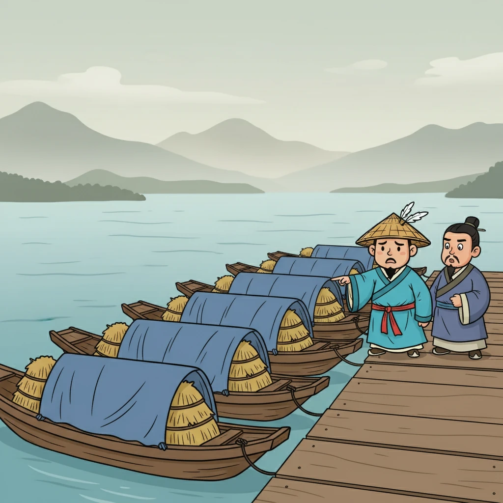 鲁肃忧心忡忡地来找诸葛亮,诸葛亮请他帮忙准备二十艘船,每艘船上扎满草人,并用布幔遮好。他嘱咐鲁肃,切勿将此事告知周瑜。