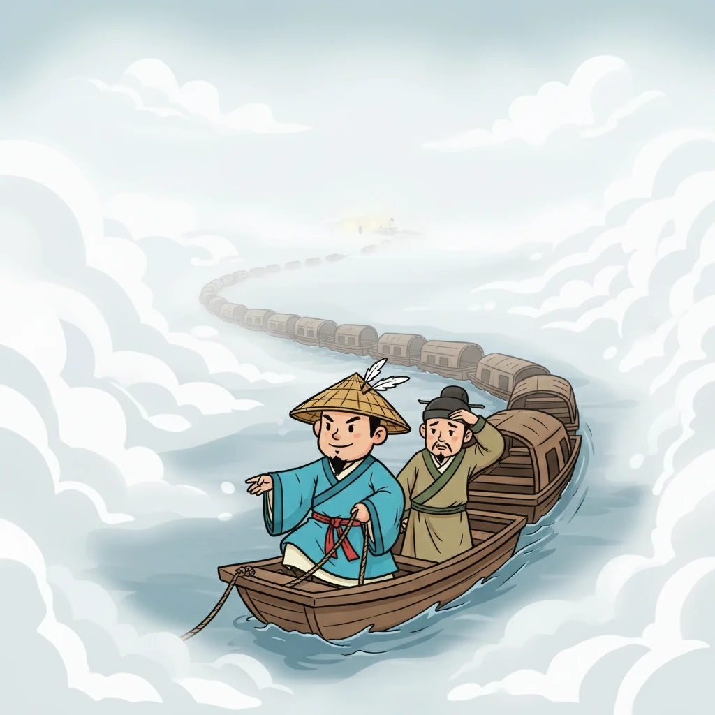 第三日四更时分,江上大雾弥漫,伸手不见五指。诸葛亮邀鲁肃同乘船只,命令船只连成一排,向曹营驶去。