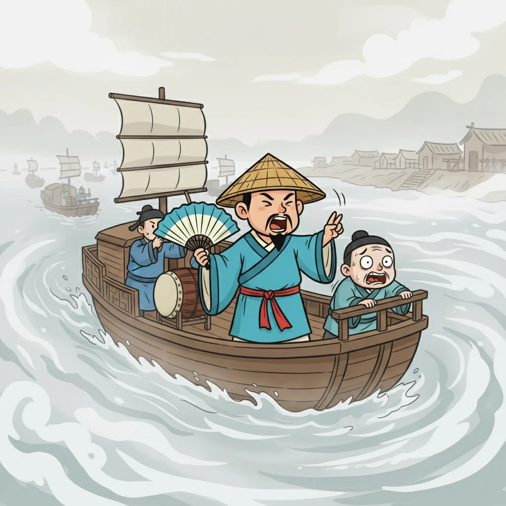 船队缓缓靠近曹营,诸葛亮下令擂鼓呐喊。鲁肃吓得脸色发白,害怕曹军出兵。画面描绘了浓雾笼罩的江面,船只静静驶向曹营。