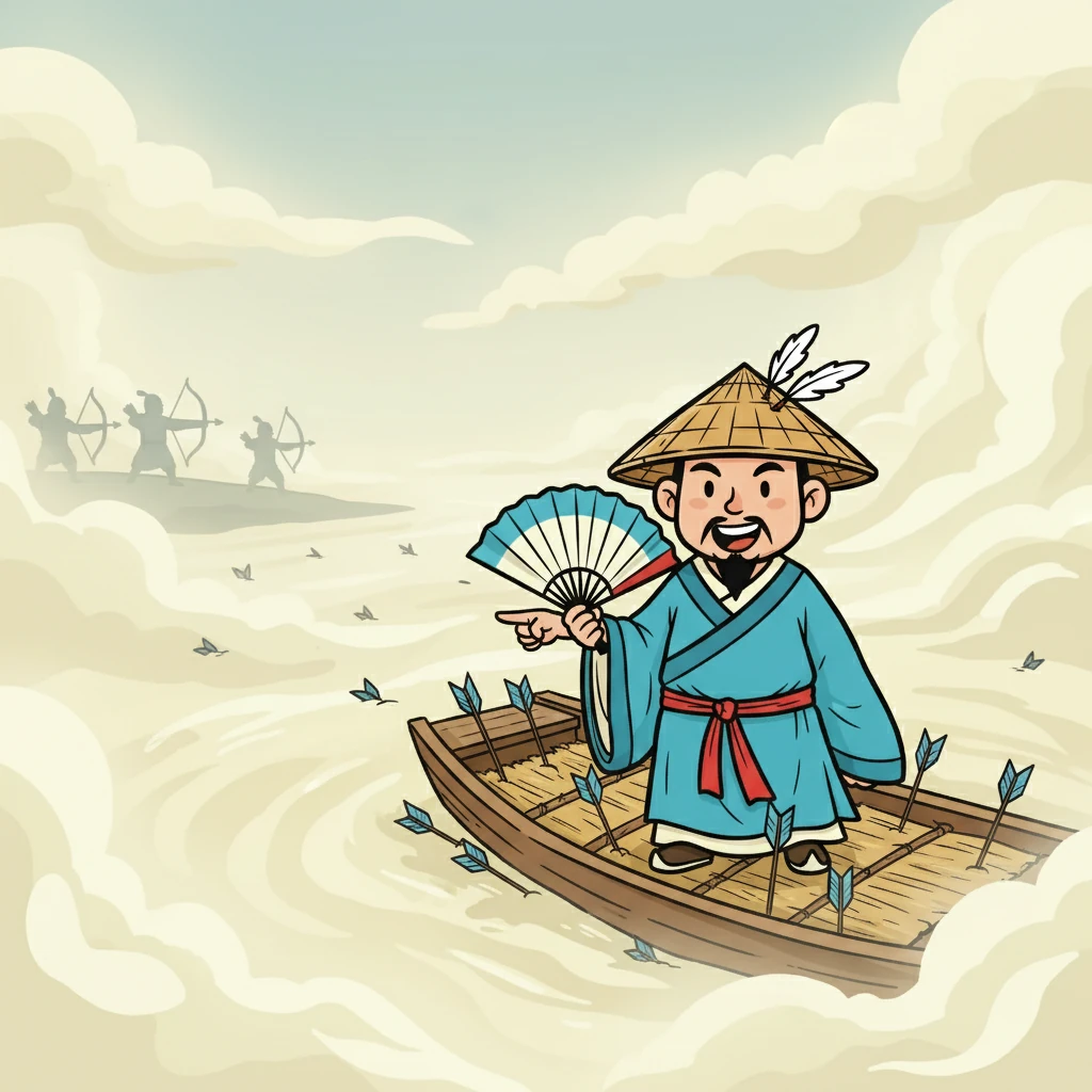 诸葛亮笑着说:“大雾弥漫,曹操不敢贸然出兵,只会放箭。” 曹操果然中计,下令弓弩手向雾中射箭。