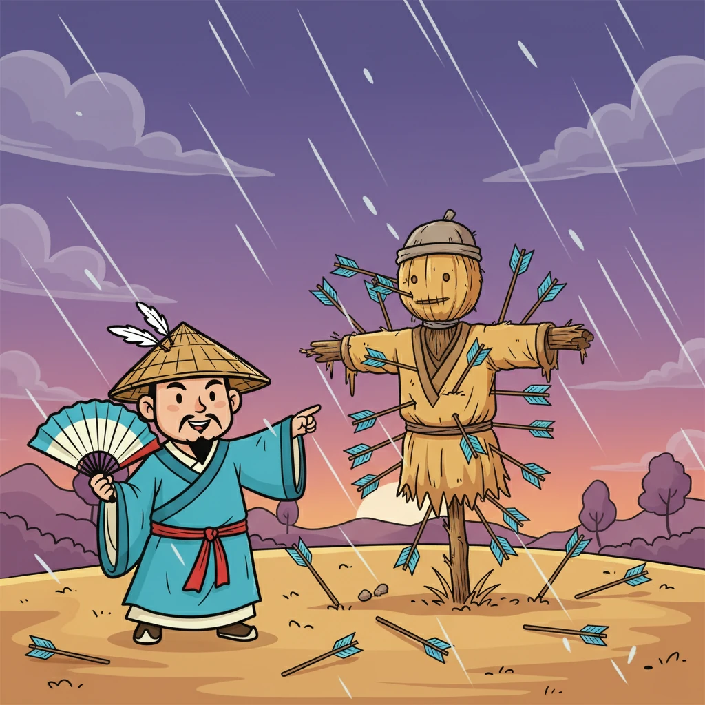 无数箭矢如雨般射向草人,草人很快便插满了箭。画面展现了密集的箭矢射在草人上的壮观景象。