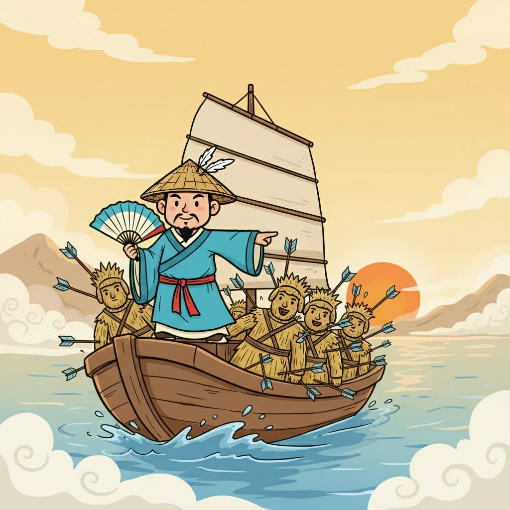 过了一阵,诸葛亮命令船只调转船头,让另一面也受箭。日出雾散,船上的草人已插满了箭,满载而归。