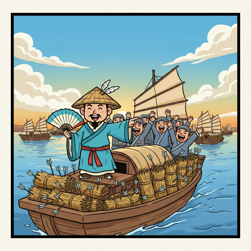 诸葛亮命令士兵齐声高喊:“谢曹丞相赠箭!” 船队满载而归,画面展现了士兵们高声欢呼的场景。