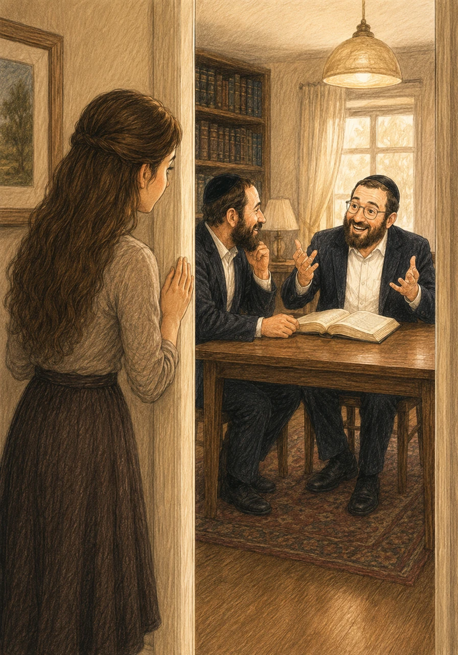 From the hallway, the rhythmic and lively sound of Torah study echoes as Adina's father and his chavrusah, Zevy, discuss the weekly portion. Zevy's cheerful laughter and easygoing explanations fill the house with warmth, making the dense text sound accessible and vibrant.