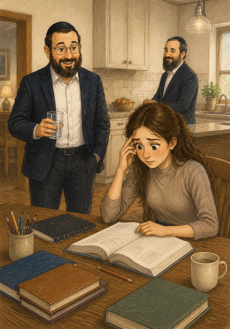 When the study session wraps up, Zevy walks into the kitchen to grab a glass of water, noticing Adina staring intensely at a particularly confusing page of her textbook. He offers a kind, encouraging smile, standard for his friendly and approachable personality.