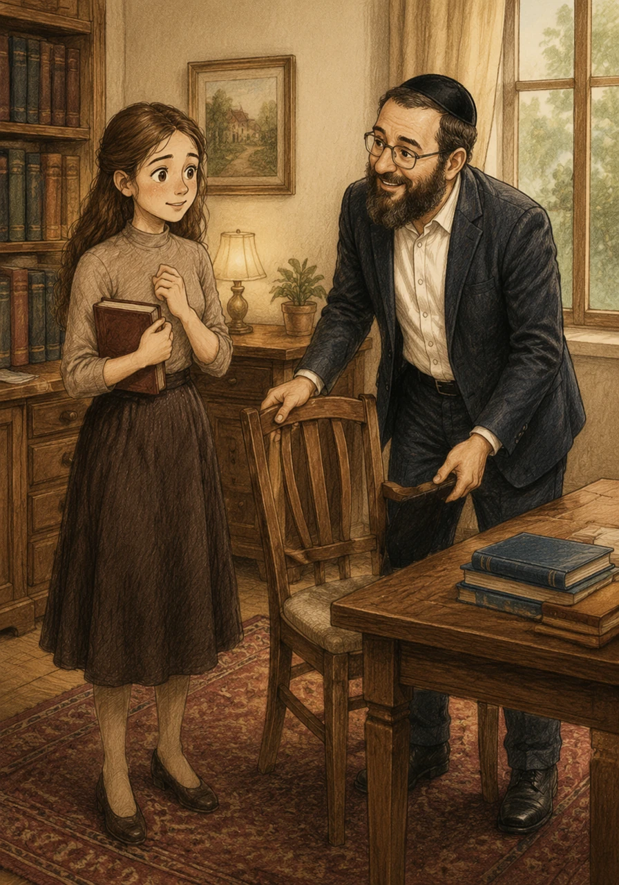 Gathering her courage, Adina asks Zevy if he could spare some time to help her clarify a few difficult sections of the prophets for her major exam. Zevy happily agrees, pulling up a chair with an enthusiastic nod, glad to help his study partner's daughter succeed.