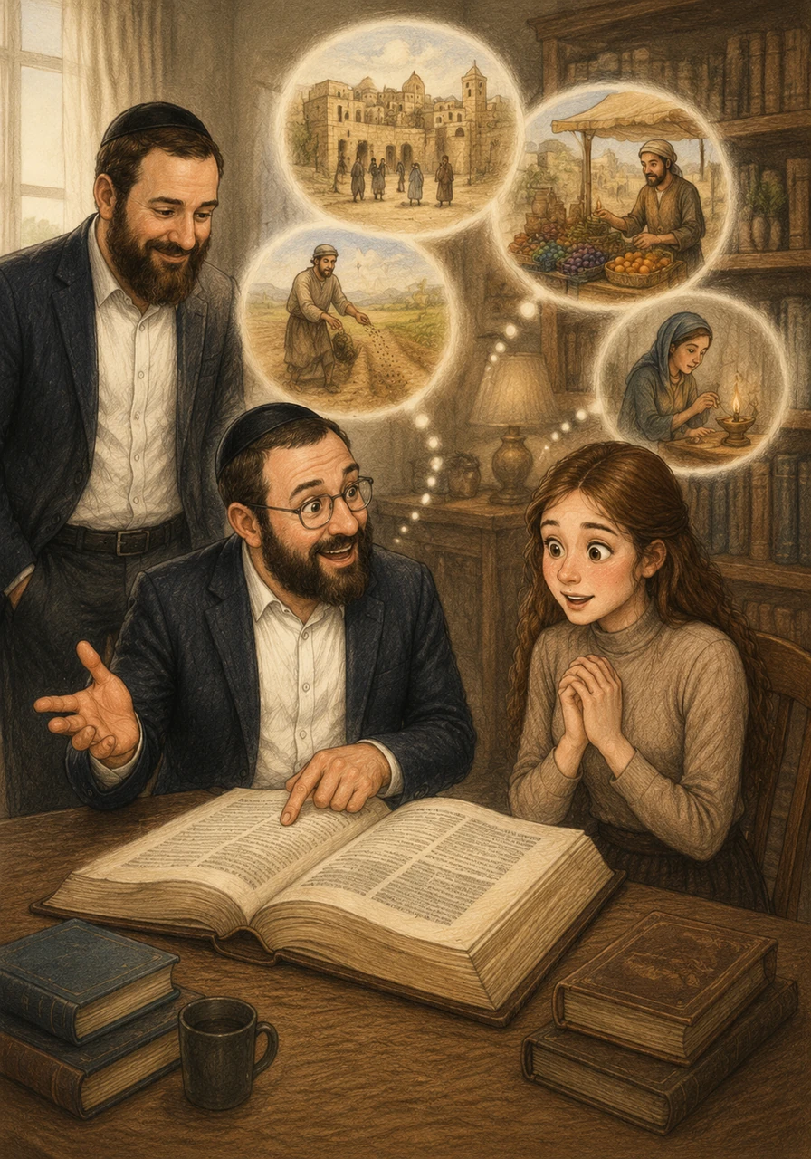 Zevy opens the large commentary book and begins to explain the historical context using animated gestures and relatable everyday examples. Adina listens intently, her expression shifting from deep concentration to sudden clarity as the ancient words begin to make perfect sense.