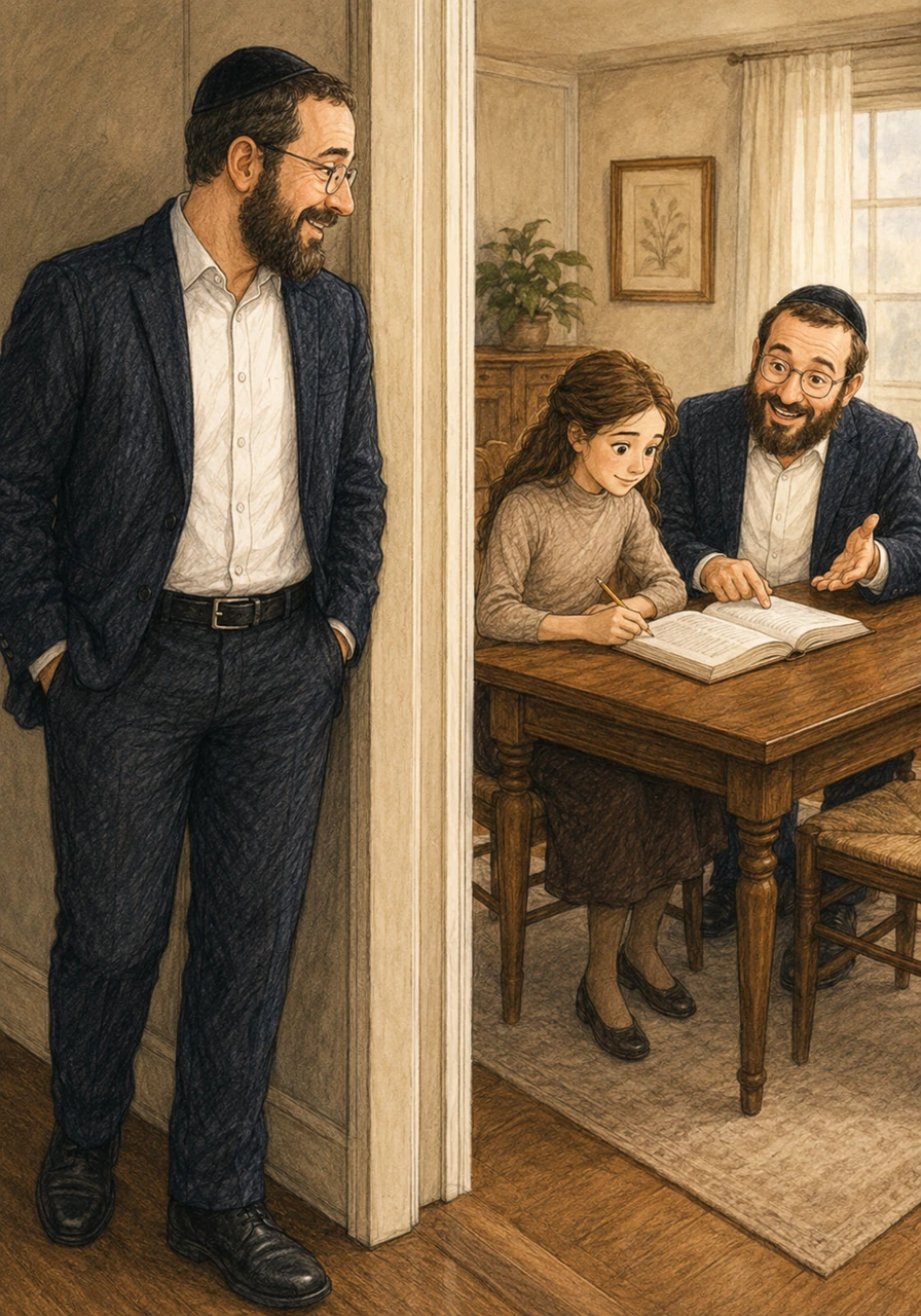 Adina's father walks past the dining room, pausing to look at the pair with a proud and content smile on his face. He is grateful to see his daughter receiving such excellent guidance from a trusted friend who treats learning with such joy.