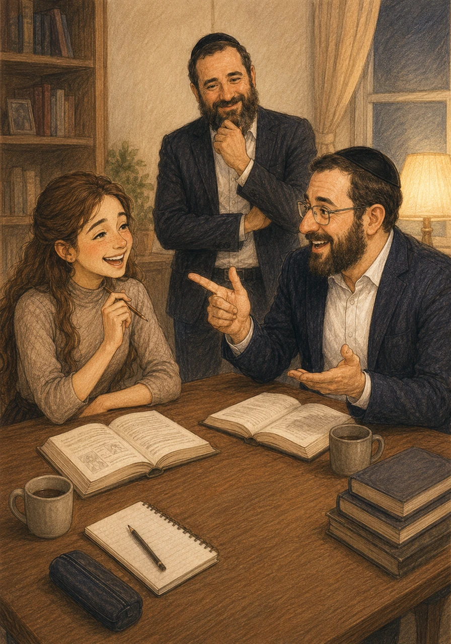 As the evening progresses, Zevy quizzes Adina on the key themes, throwing in lighthearted jokes to keep the atmosphere relaxed and stress-free. Adina finds herself laughing, her previous anxiety completely melting away under his patient and fun teaching style.