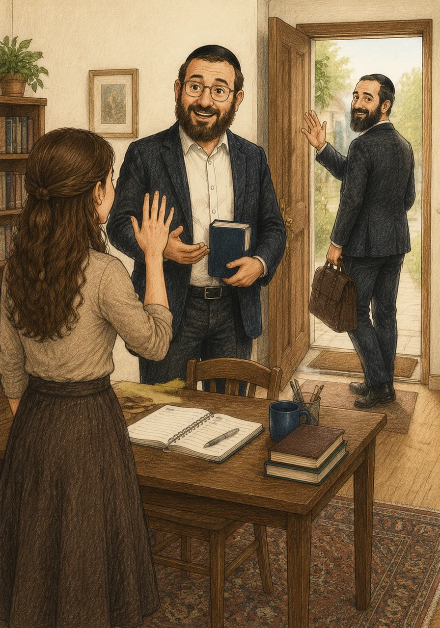 Zevy closes his book and wishes her the best of luck on the final, offering a few final words of encouragement before heading out the front door. Adina waves goodbye, feeling immensely grateful for the community and mentors she has around her.