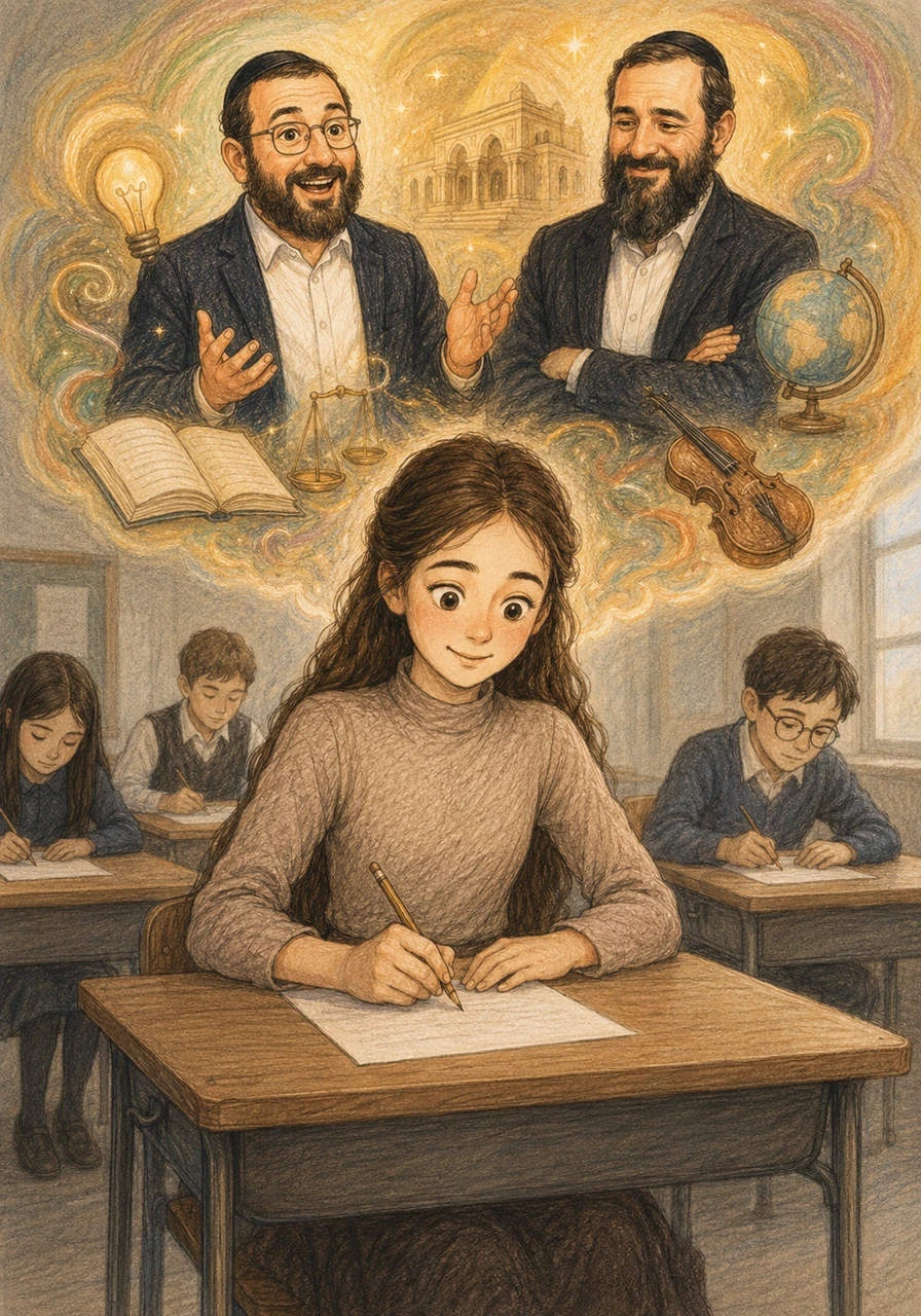 The next afternoon, Adina sits confidently at her school desk, easily writing down the answers to the exam questions with a peaceful smile. The classroom is quiet, but in her mind, the lessons are clear, vibrant, and full of life.