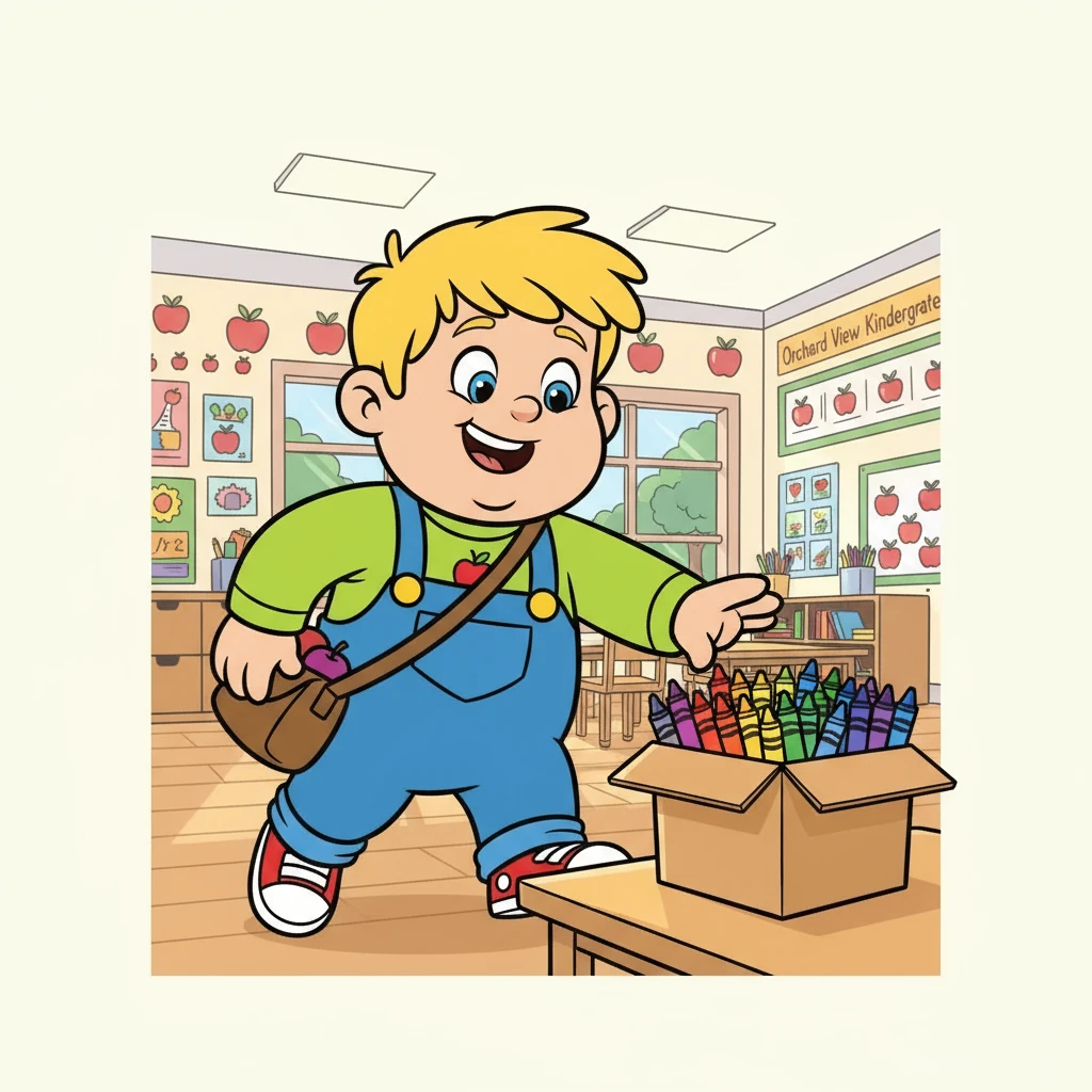 Ronan, a bright-eyed boy with blond hair and blue eyes, bounced into Orchard View Kindergarten, his backpack bouncing with him. He loved everything, especially the colorful world around him. Today, his eyes landed on a box of shiny new crayons, a rainbow of possibilities.
