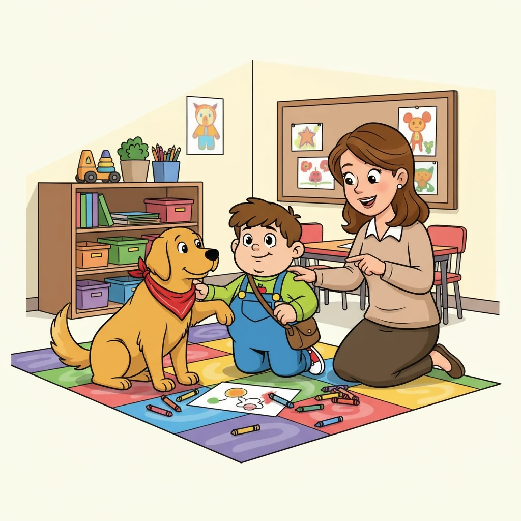 Suddenly, Belle, the school's golden retriever with a bright red bandana, trotted over, wagging her tail. She nudged Ronan gently with her nose, as if trying to tell him something. Ms. Kinsley knelt down, explaining that crayons are for drawing, not eating.