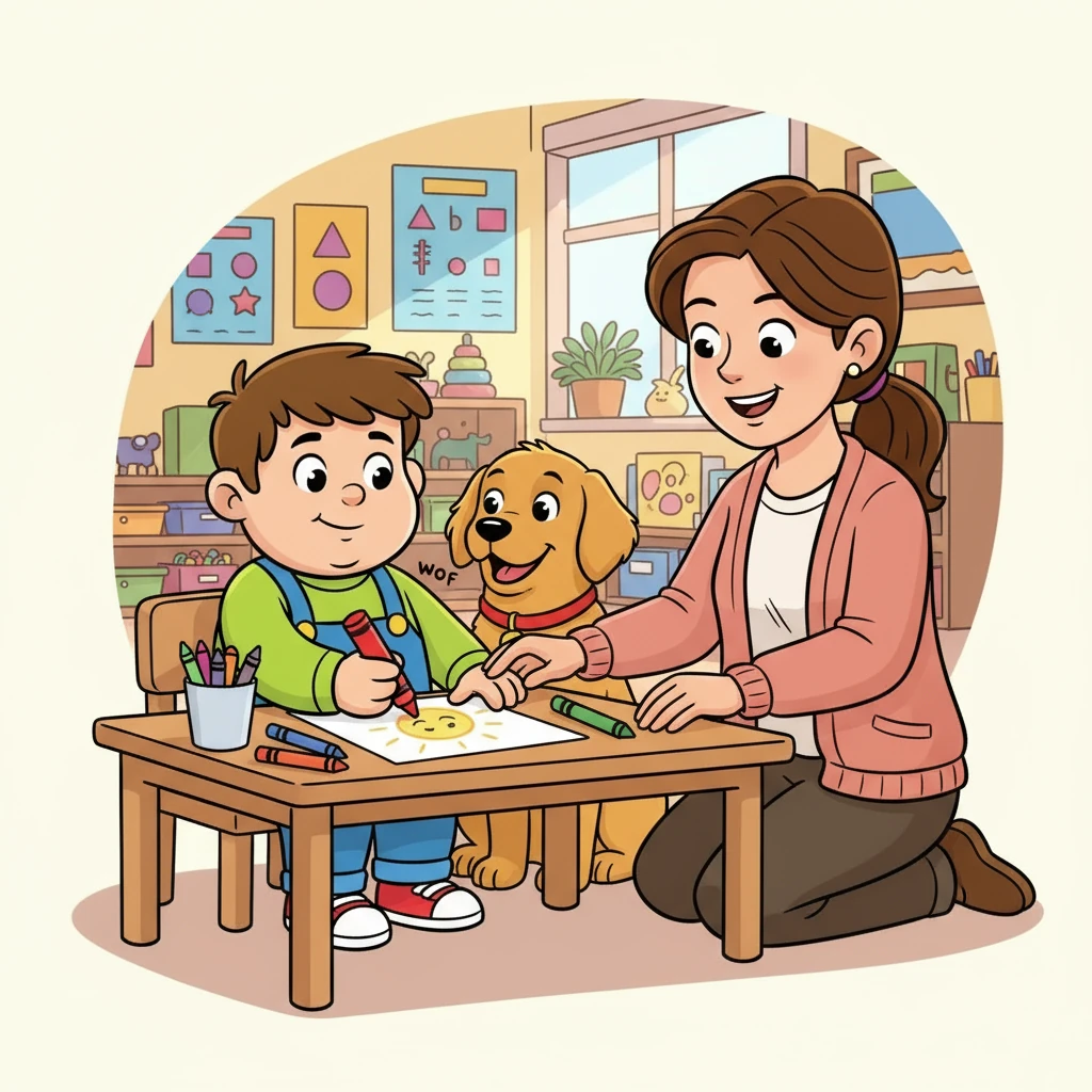 Ronan, intrigued, looked at the crayon, then at Belle, who gave a little woof. Ms. Kinsley showed him how to draw a big, beautiful sun on his paper. Ronan, with a newfound understanding, started scribbling happily.