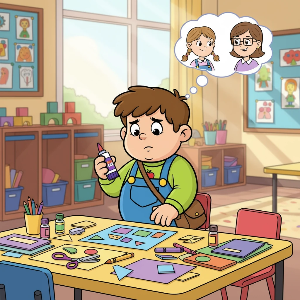 During playtime, Ronan spotted a glue stick and remembered his past habit. He reached for it, but then remembered Belle's gentle nudges and Ms. Kinsley's words. Instead, he decided to use the glue for a creative art project.