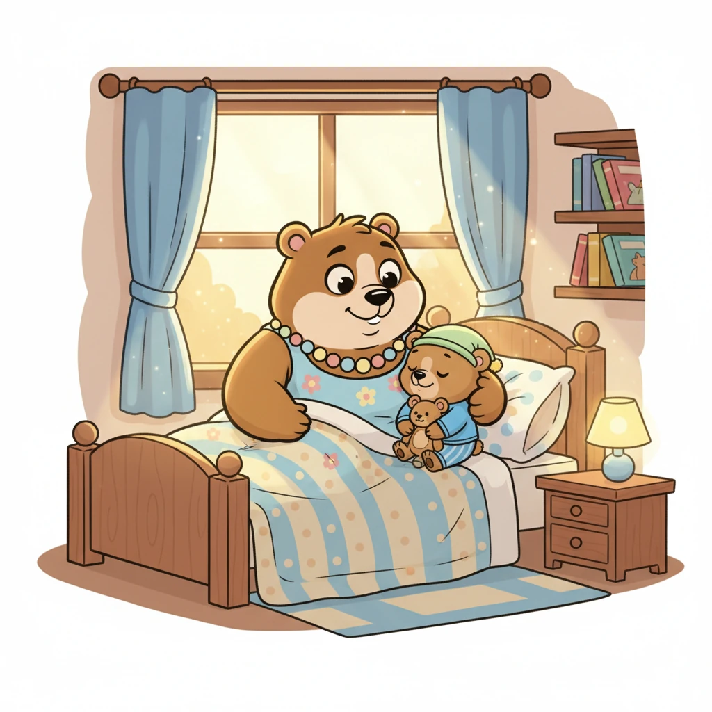 Mama Osa, con su cálida sonrisa, se acurruca junto a su pequeño osito, Milo. Las últimas luces del día se filtran suavemente por la ventana de su acogedora guarida. Es el momento especial que ambos adoran al final de un largo día.