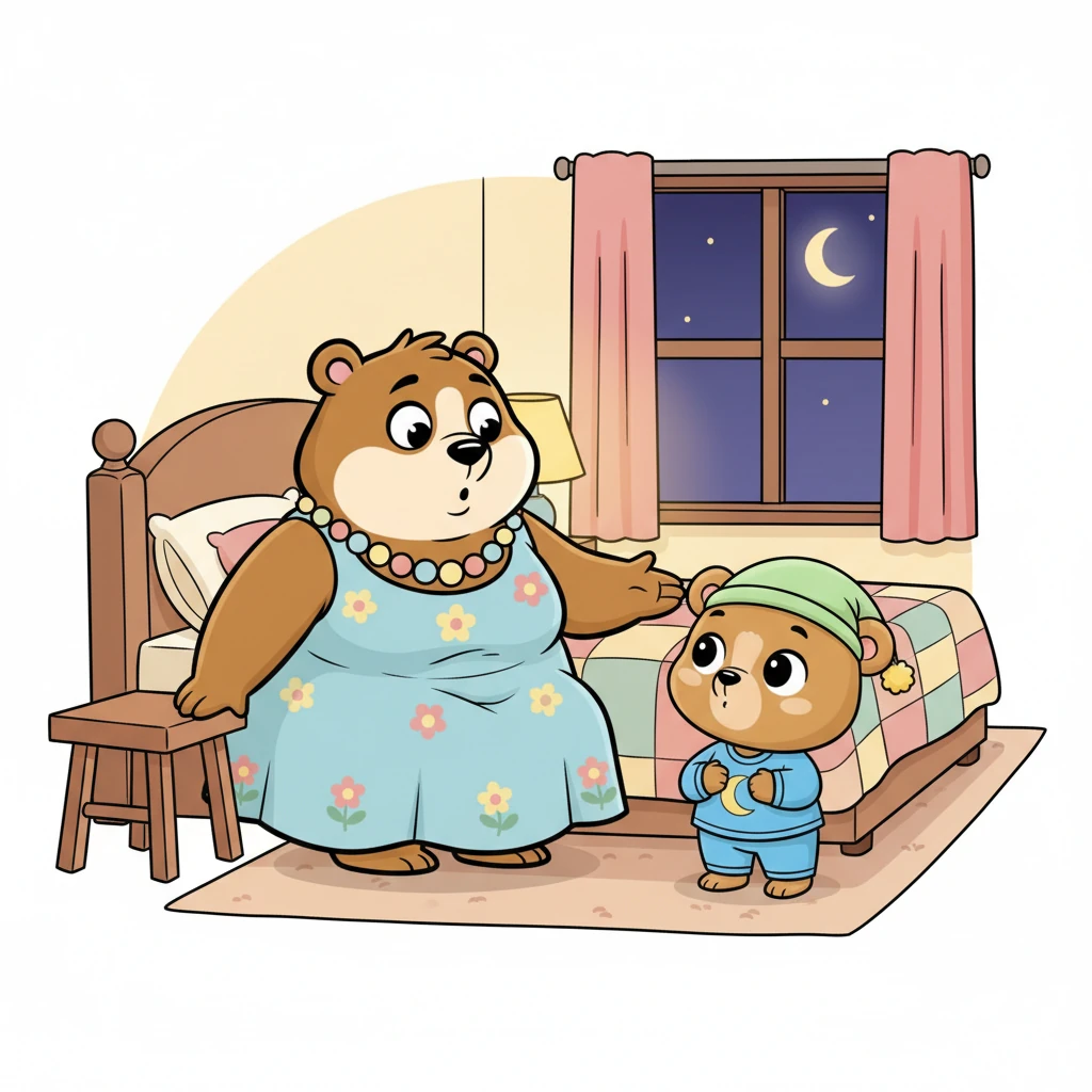 "Milo, mi amor," dice Mama Osa con voz suave, "es hora de dormir." Milo, con sus grandes ojos curiosos, la mira atentamente. Sus orejitas se mueven un poco, como si estuviera escuchando cada palabra con gran concentración.