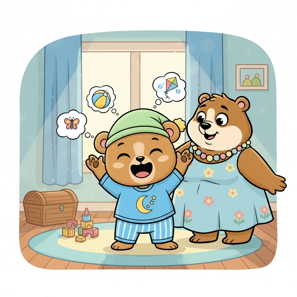 Milo estira sus patitas y bosteza, pero luego su carita se ilumina. "¡Sí, Mama Osa!", exclama, "hoy jugué muchísimo." Su mente se llena de recuerdos de aventuras y juegos divertidos bajo el sol.