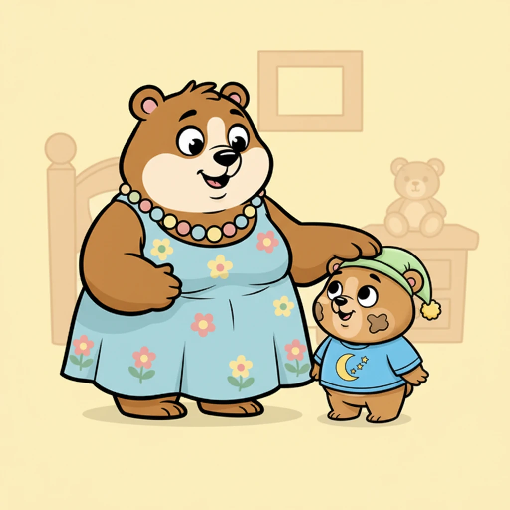 Mama Osa sonríe y le pregunta con dulzura: "¿Y ya te lavaste la carita, mi campeón?" Ella sabe que a veces Milo se olvida de las cosas importantes después de un día lleno de juegos. Su pata suave le acaricia la cabeza.