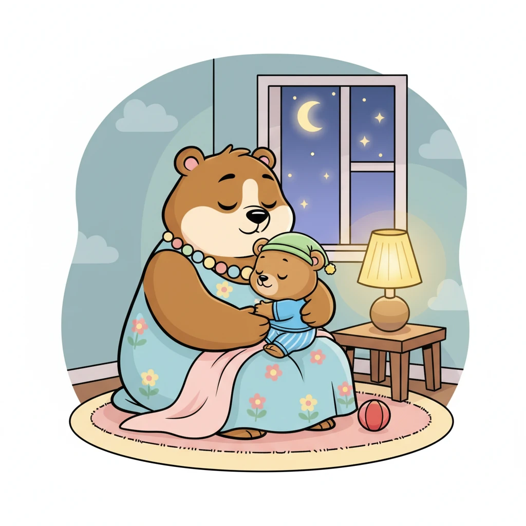 Mama Osa lo abraza fuerte y lo acuna suavemente. "Excelente, mi pequeño dormilón," dice ella. El ambiente se vuelve aún más tranquilo y sereno, perfecto para el descanso.