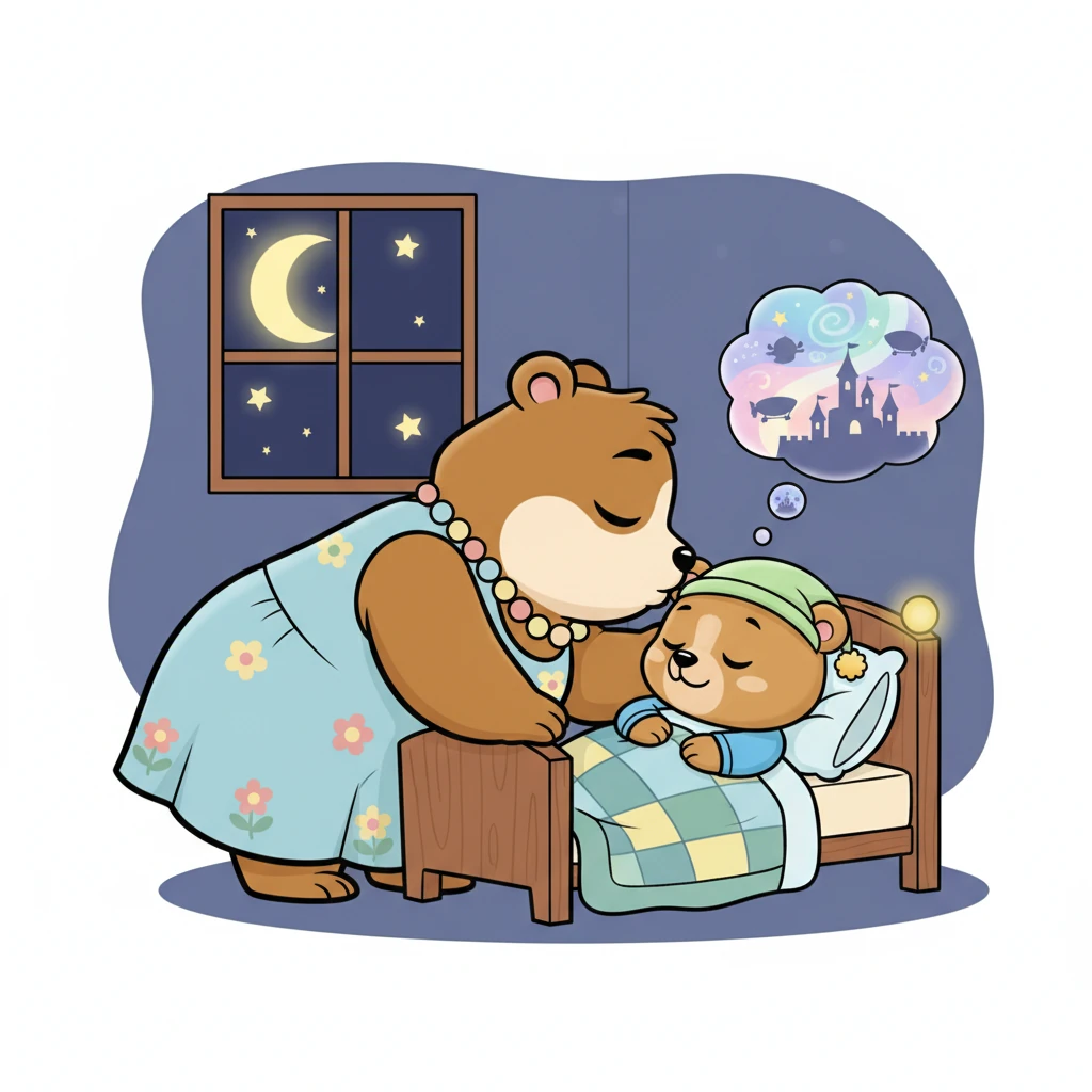 "Vamos a soñar," dice Mama Osa, dándole un beso en la frente. Milo ya está a medio camino, su cuerpo relajado y su mente viajando a mundos fantásticos. Juntos, se sumergen en la dulce paz de la noche, listos para sus aventuras oníricas.