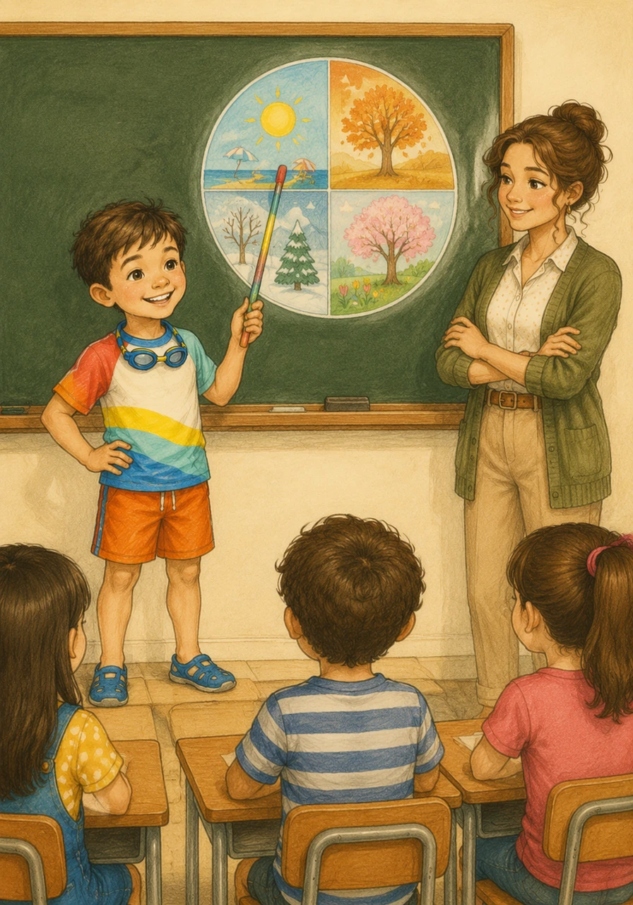 Daniel stands proudly in front of his classroom blackboard, holding a colorful pointer. He smiles warmly at his teacher and friends as he begins his presentation, explaining that summer is one of the four seasons.