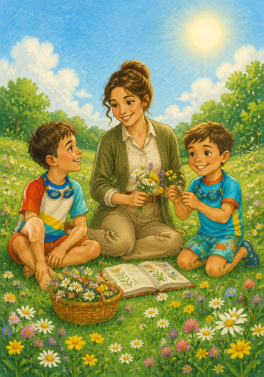 A bright, golden sun shines high in a clear blue sky over a vibrant green meadow. The flowers are fully bloomed and dancing in the warm breeze, showcasing that summer is the warmest season of the year.