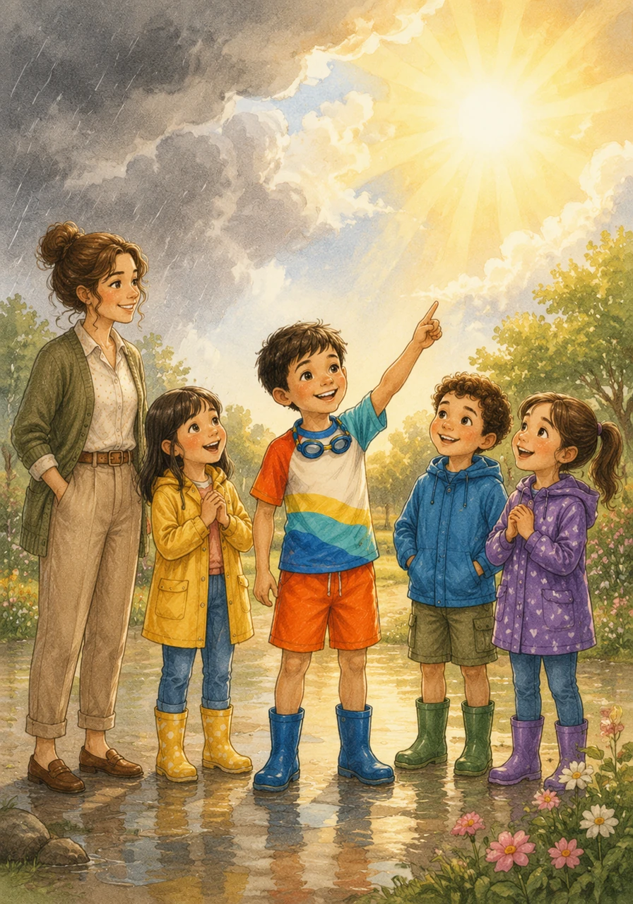 A beautiful transition shows a gentle spring rain washing away to reveal a brilliant, blazing summer sun. Daniel points out to his classmates how perfectly summer comes right after the fresh spring season.