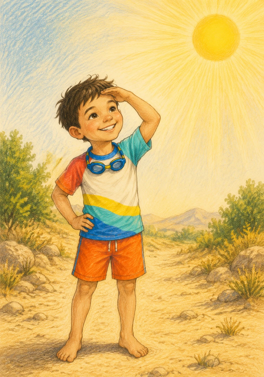 Daniel stands outside under a big yellow sun, shielding his eyes with a happy grin. The air looks warm and shimmering, perfectly capturing how the weather is always hot and sunny during these bright months.
