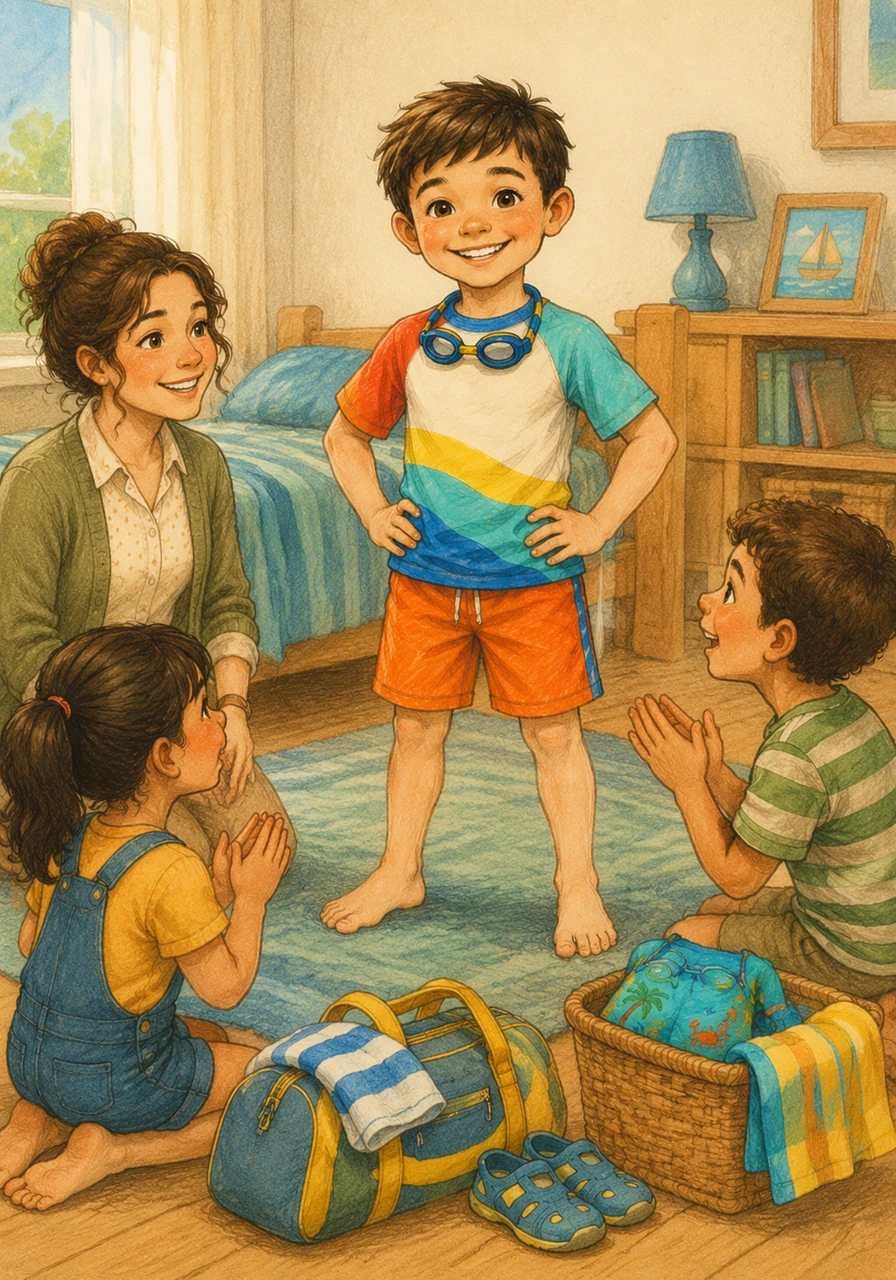Daniel stands happily in his bedroom showing off his favorite summer wardrobe. He is dressed in bright shorts, a colorful t-shirt, and has his swimming suit and goggles ready for a day of fun.