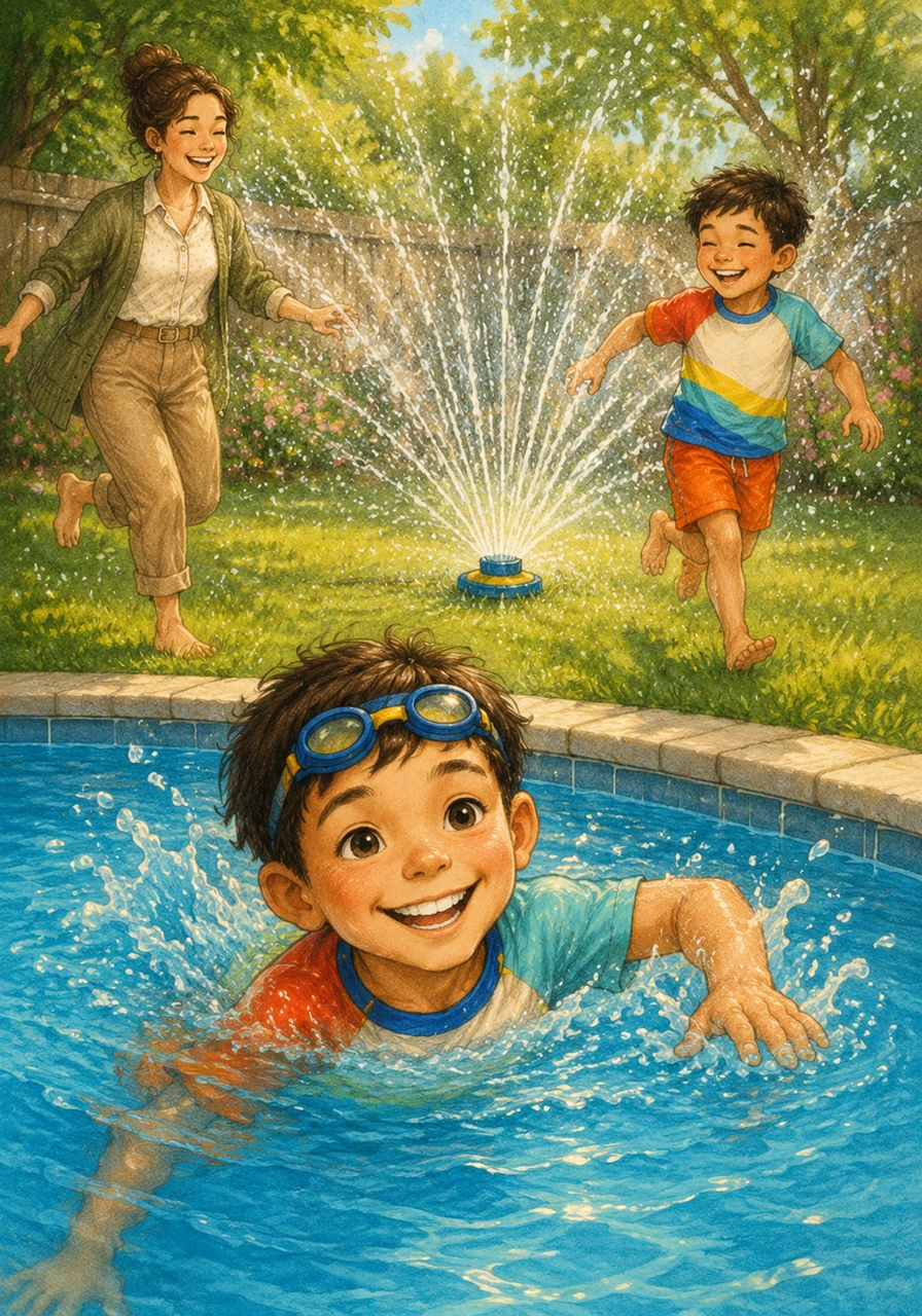 Daniel and his friends are having a wonderful time playing outside in a lush green backyard. Some are running through a colorful lawn sprinkler while Daniel happily swims in a cool, sparkling blue pool.