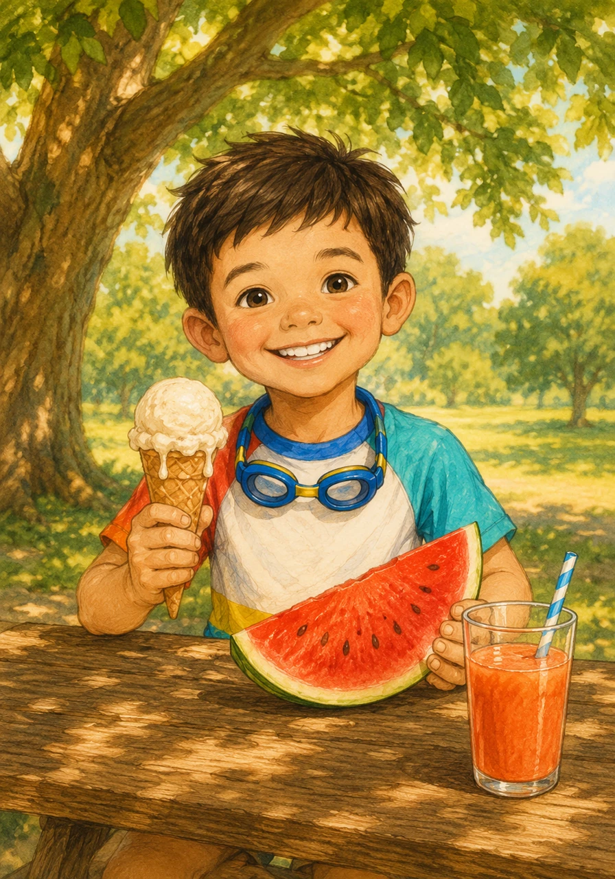 Daniel sits happily at a wooden picnic table under a shady tree, enjoying his favorite summer treats. He has a big slice of juicy red watermelon, a delicious melting ice cream cone, and a tall glass of fresh juice.