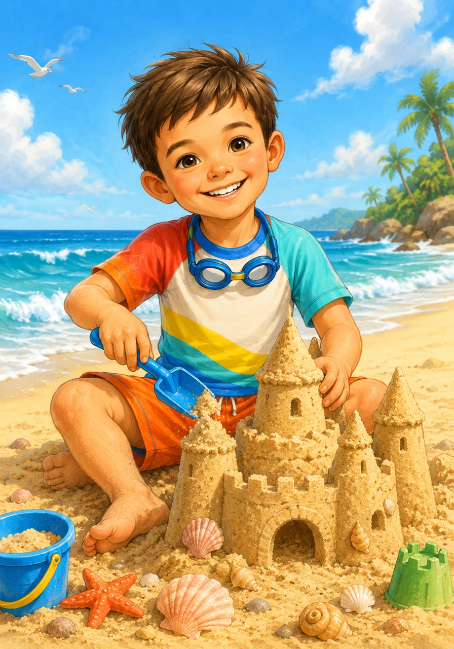Daniel sits on a beautiful, sandy beach next to the rolling ocean waves under a bright blue sky. He uses his plastic shovel to build a magnificent sandcastle, smiling because he loves to swim all day and play in the sand.