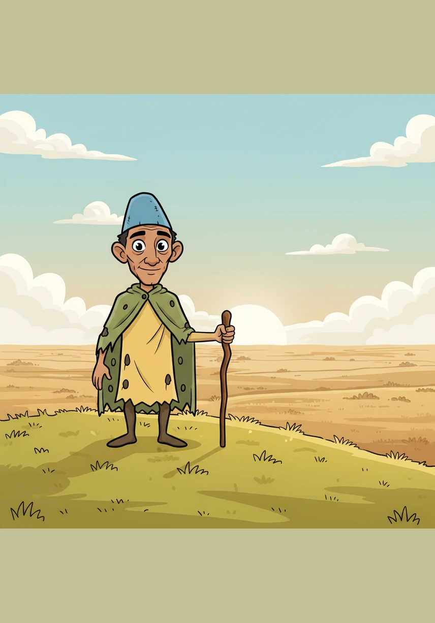 Aldar Kose stands on a grassy hill overlooking the vast Kazakh steppe, his face weathered by the sun and his eyes twinkling with mischief. He wears a simple, tattered tunic and carries a small wooden staff, looking out at the endless horizon where the earth meets the sky.