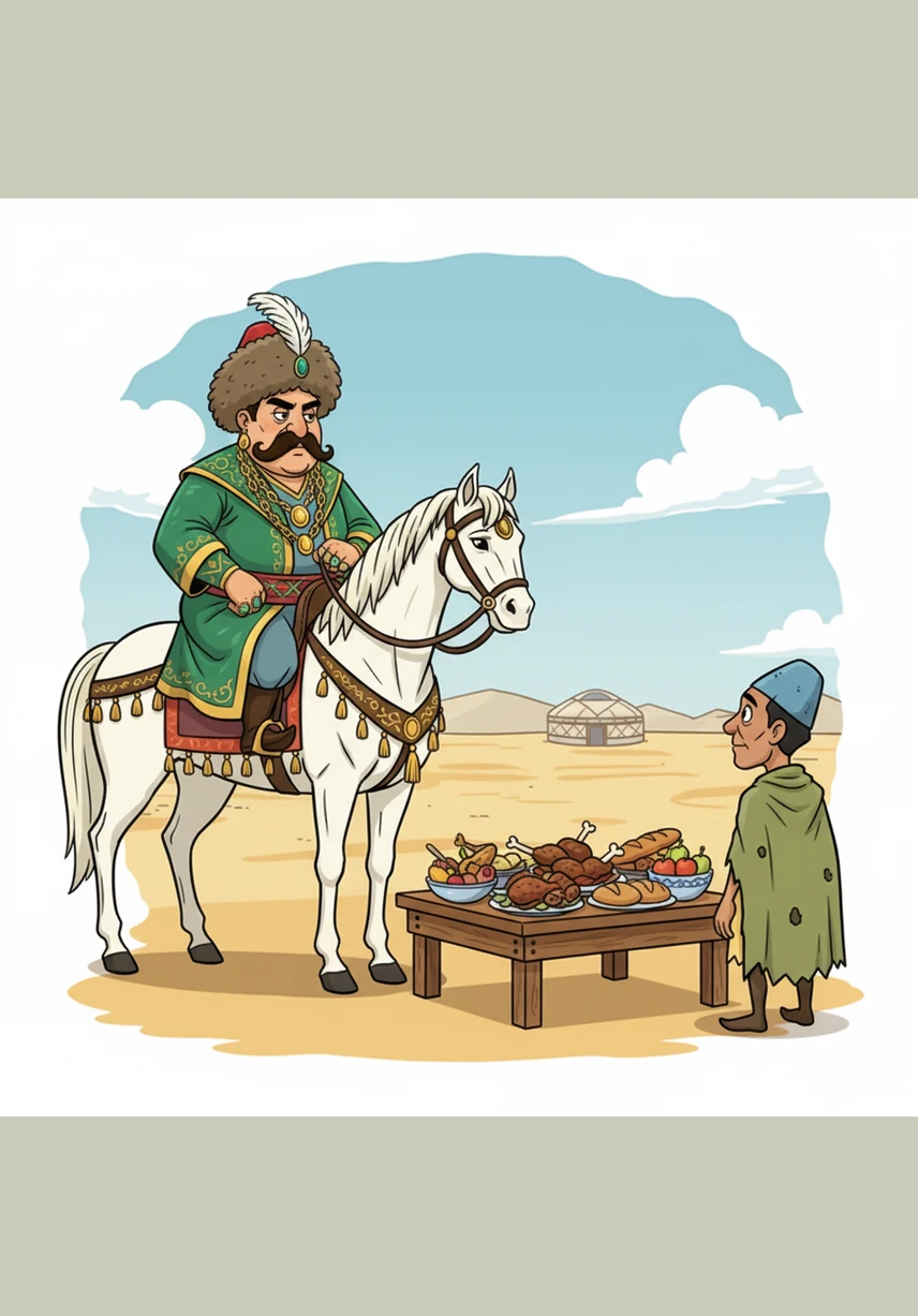 A wealthy Bai, adorned in shimmering silk robes and a heavy fur hat, sits proudly on a magnificent white stallion next to a table laden with roasted meat and golden bread. He looks down with a cold, arrogant expression as Aldar approaches, refusing to share even a scrap of his feast.