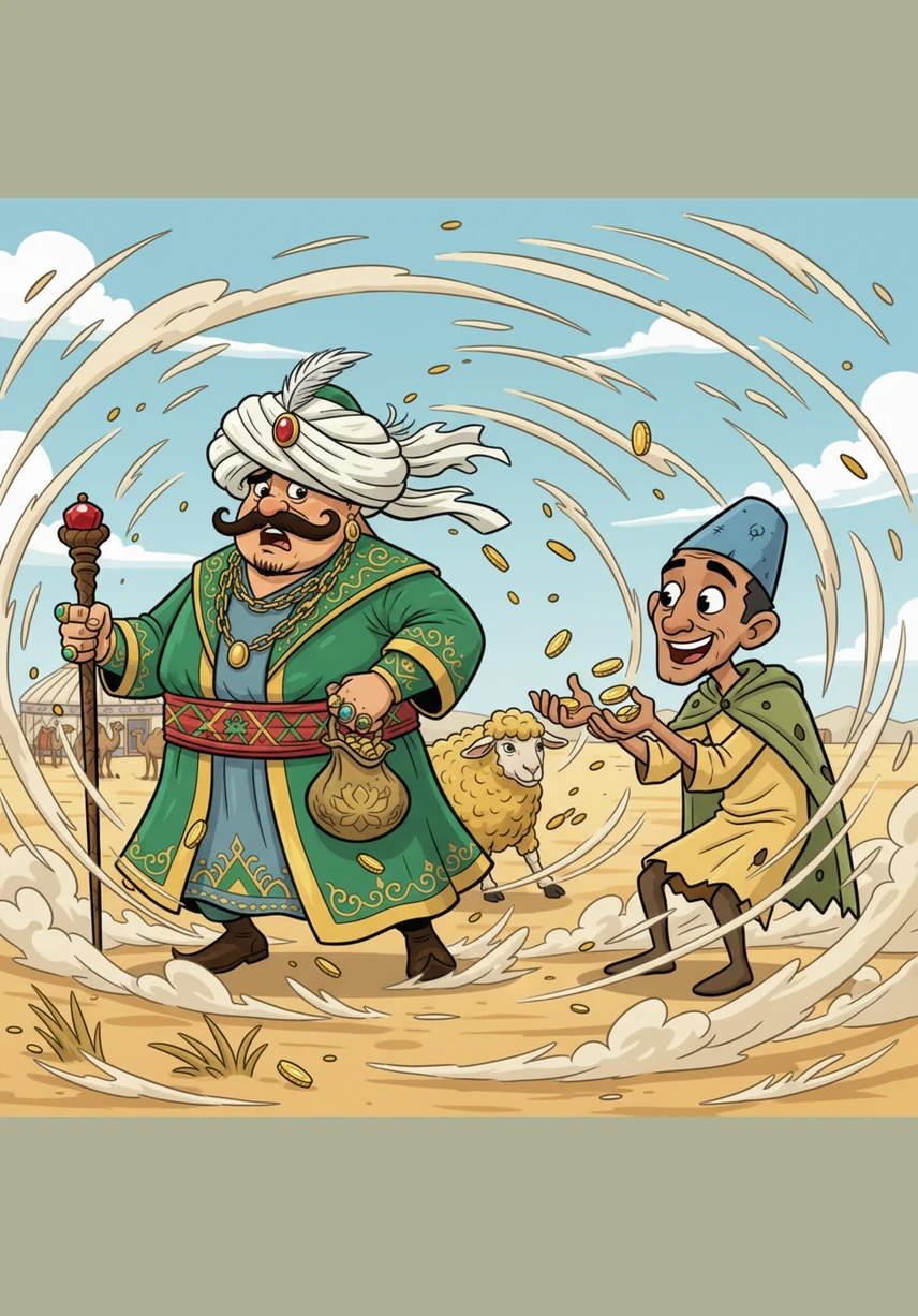 As a biting wind begins to howl across the plains, Aldar Kose begins to fan his face with his hat, pretending to wipe sweat from his brow. He acts as though he is suffering from intense heat, even though the grass around him is starting to frost.