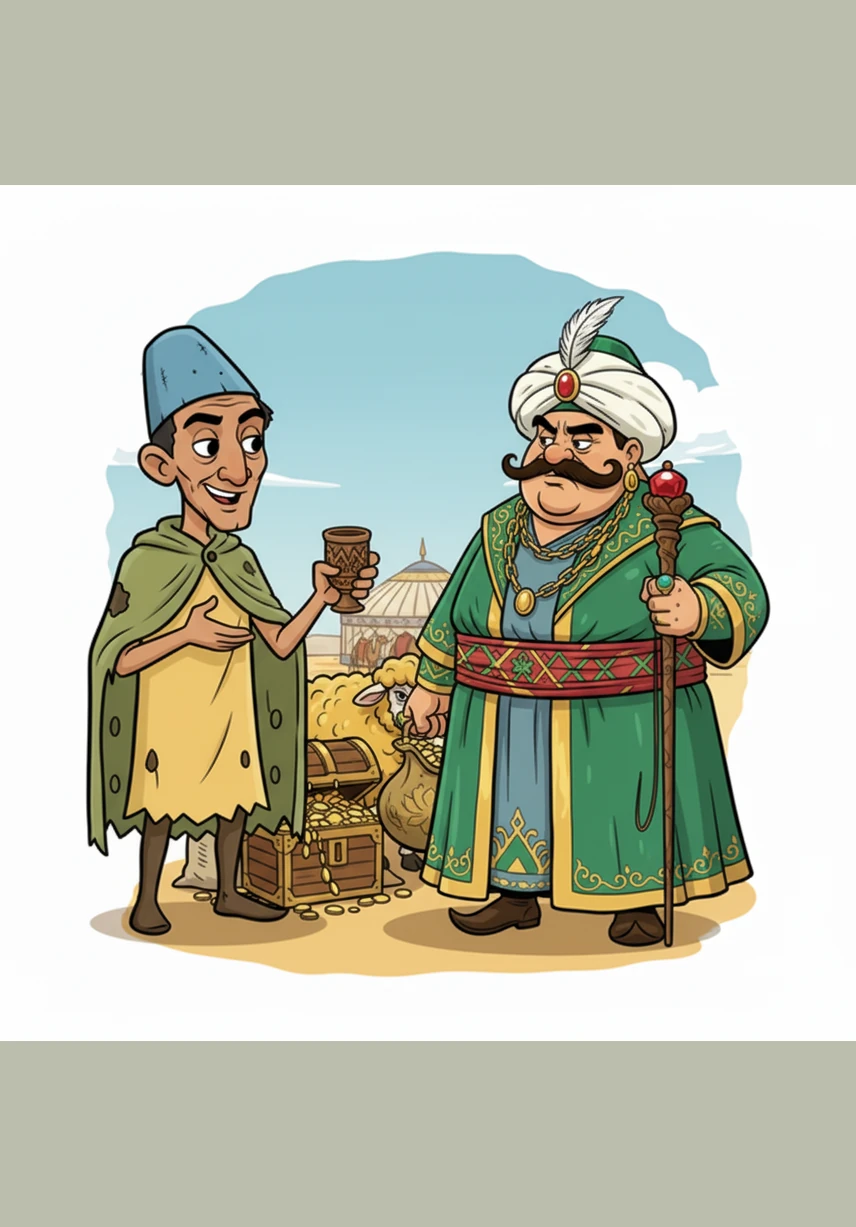 The Bai, shivering and pulling his furs tighter, looks at Aldar in disbelief and asks how he could possibly be hot in such a thin cloak. Aldar leans closer and whispers that his tattered cloak is a magical treasure that absorbs the sun's warmth and keeps the wearer boiling hot.