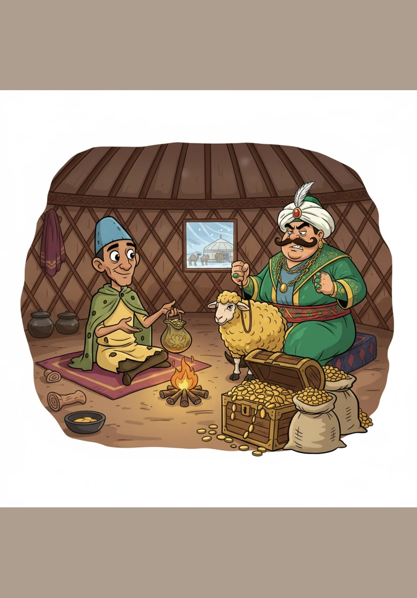 The greedy Bai’s eyes light up with desire, and he immediately demands to trade his expensive fur coat and his beautiful white horse for the magical hot cloak. Aldar pretends to be reluctant, stroking the thin fabric of his cloak as if it were the most precious silk in the world.