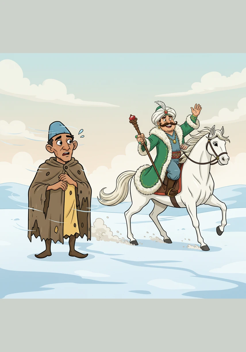 The trade is completed, and the Bai quickly wraps himself in the thin, hole-filled rags, standing frozen and confused as the cold wind cuts through the fabric. Aldar Kose, now warm in the Bai's heavy furs, waves a cheerful goodbye as he gallops away on the powerful white horse.