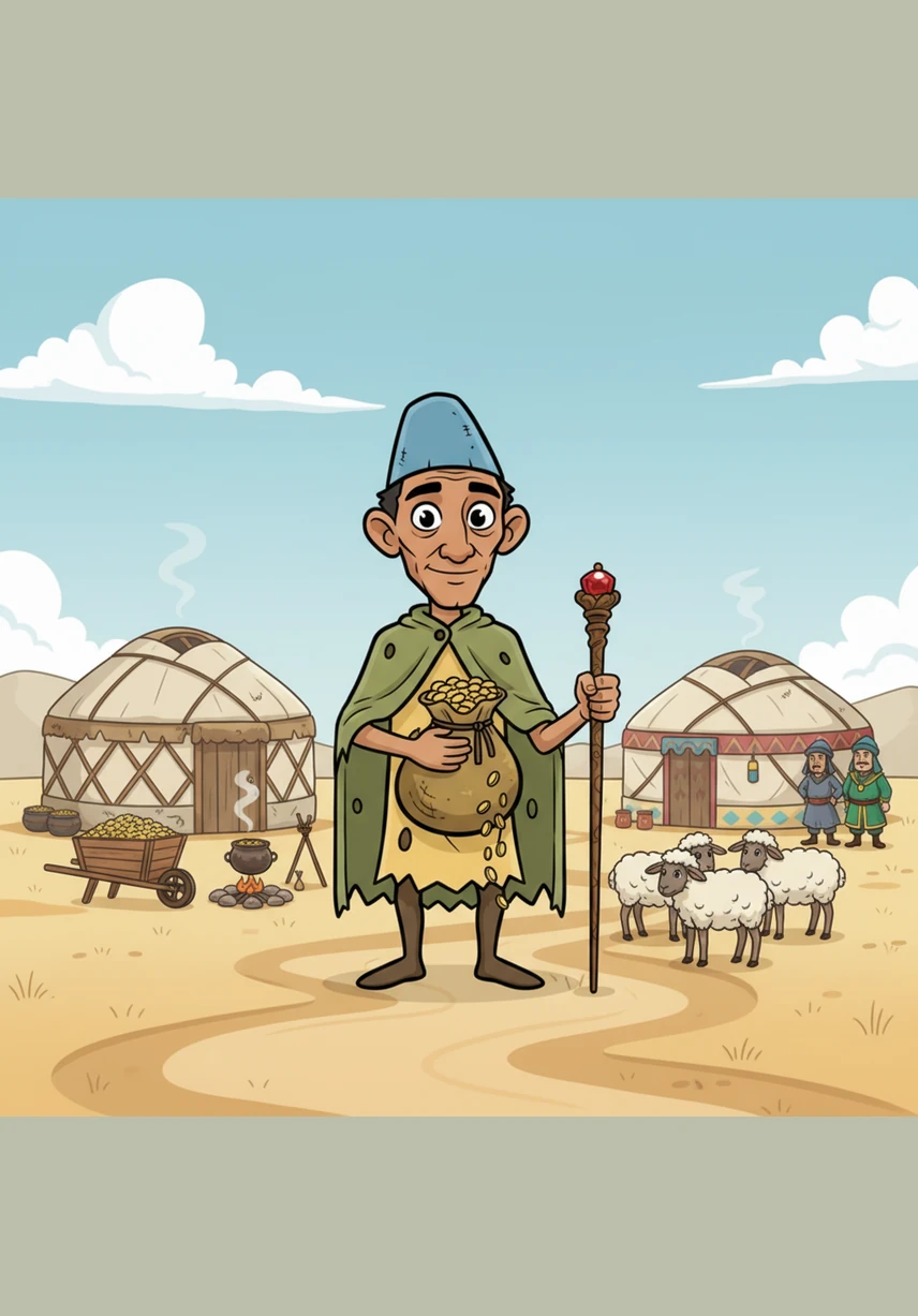 Aldar arrives at a cluster of humble yurts where the villagers are huddled together, their faces weary from a long, hard winter. He opens the large leather bags tied to the horse, revealing the Bai’s stolen treasures and plenty of delicious food.