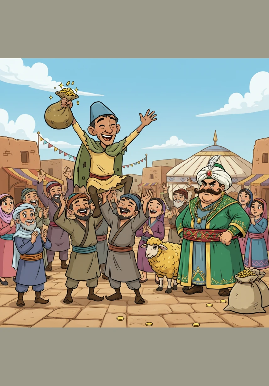 The village square becomes a place of celebration as Aldar hands out warm clothes to the elders and handfuls of dried fruit and meat to the children. The fire in the center of the camp burns brightly, reflecting the newfound hope and joy in everyone’s eyes.